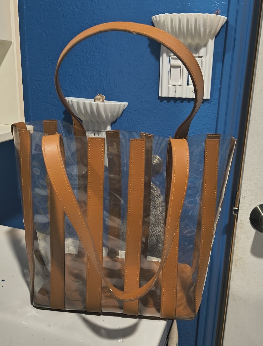 Loeffler Randall Marlena Clear PVC & Tan Leather Striped Tote Bag - Picture 3 of 14